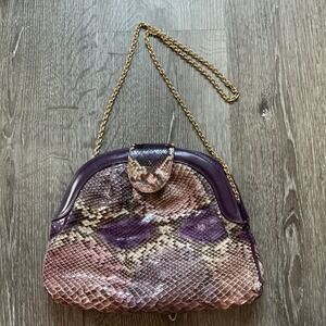 Vintage Morle Amethyst Snakeskin Clutch Purse Chain Purple Gold Handbag